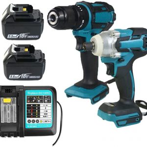 18V Combi Drill Impact Driver & Cordless Brushless Impact Wrench Drill with 2 Pack 5.5Ah Batteries and DC18RC Charger Set for Makita | Power Tool Set