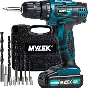 MYLEK 18V Cordless Drill Driver, 1300 mAh Li-Ion battery with 1 Hour Quick Charge, 2 Speed with LED Work Light, Carry Case with 13 Piece Accessory…