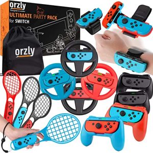 Orzly Party Pack Accessories Bundle designed for Nintendo Switch Console with Controller Grips & Racing Wheels, Wrist Dance Bands, Tennis Rackets -…