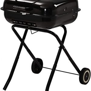 Square Folding Barbecue Grill, Portable BBQ Charcoal Grill with Two Wheels, 21.5 inch, Black