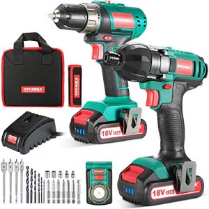 HYCHIKA 18V Drill Kit Electric Drill 35Nm and Impact Driver 160Nm, 2X2.0Ah Batteries, Belt Buckle, LED Light, with 22PCS Accessories