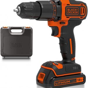 BLACK+DECKER 18 V Cordless 2-Gear Combi Hammer Drill Power Tool with Kitbox, 1.5 Ah Lithium-Ion, BCD700S1K-GB