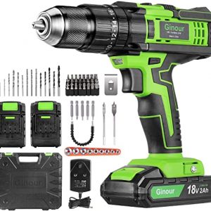 Cordless Drill Driver, ginour 18V Combi Drill, Hammer Drill,20+3 Torque,66 Accessories, 2Pcs 2000mAh Lithium Batteries, 45N.m Electric Drill…