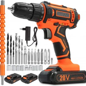 OUBEL Cordless Drill 20V easy to use because the battery is directly inserted. Battery capacity up to 20V. Variable speed High & Low, torque 18+1 with 24pcs