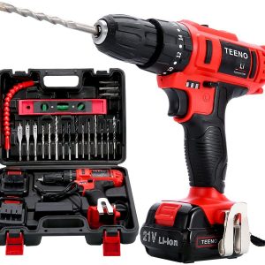 TEENO 21V Impact Cordless Drill Set with 2 Lithium Ion Batteries 1500mAh,25pcs Accessories,1 Hr Fast Charger,10mm Chuck,Variable Speed,