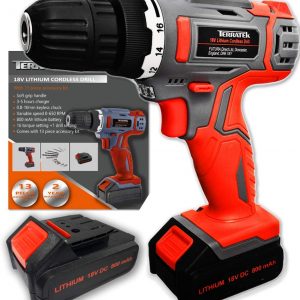 Terratek Cordless Drill with 2 Batteries 13Pc – 18V/20V-Max Lithium-Ion Combi Drill, Electric Screwdriver, Accessory Kit, LED Work Light, 2 x Quick…