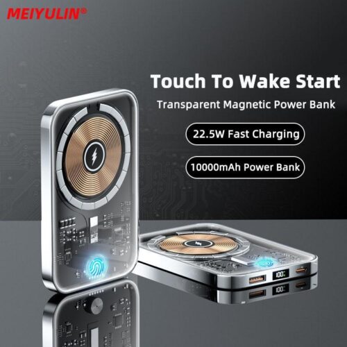 Transparent Power Bank 10000mAh | Magnetic Wireless Power Bank | Portable External Auxiliary Battery | 22.5W Fast Charger for iPhone 14/13 & Android