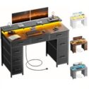 120 cm Computer Desk with Drawers, Gaming Table with LED Lights & Power Outlets