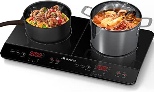 Aobosi Induction Hob | Double Induction Hotplate | Portable Electric Cooker with Sensor Touch Control Black Crystal Glass Plate Multiple Power Levels