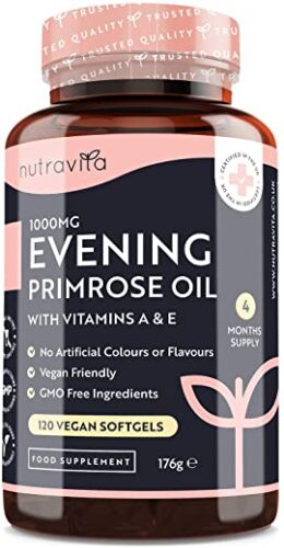 Evening Primrose Oil 1000mg120 High Strength Vegan Softgels | Rich Source of Omega 6 & GLA with Vitamin A & Vitamin E | Maintenance of of Normal Skin