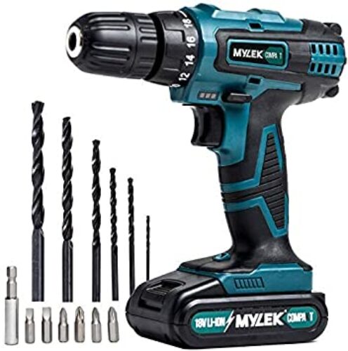 MYLEK MY18VCB 18V Cordless Driver-Lithium Ion Drill Set-13 Piece Combi Accessory Kit-LED Worklight, 18 V