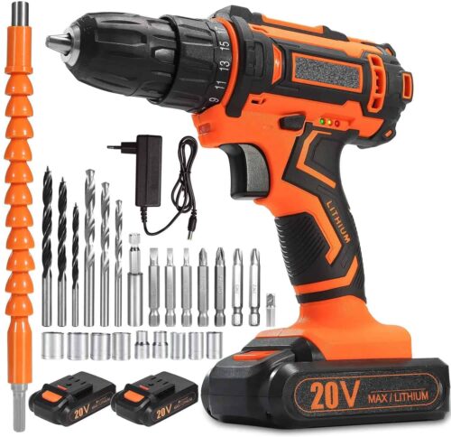 OUBEL Cordless Drill/20V Power Drill | 42N.m, 2x2000mAh Batteries, 1H Fast Charger | 3/8 inch Chuck, 2 Variable Speed, 18+1Torque Setting, with 24pcs