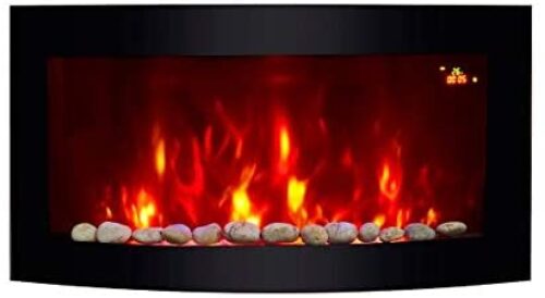 TruFlame Black Glass Curved Electric Wall Mounted Fire Place With Pebble Effect